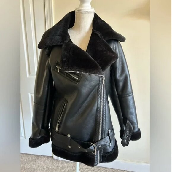 Anthropologie Avec Les Filles Faux Leather Black Pilot Jacket size S - Picture 2 of 12